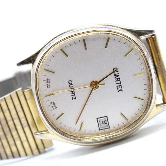 Vintage Quartex Watch Mens Gold Tone Stainless Steel Swiss Hong Kong Silver Dial - Picture 2 of 8